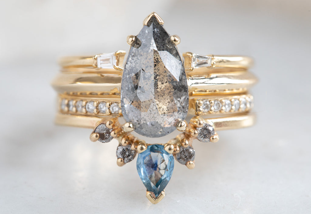 Rose Cut Salt + Pepper Diamond Engagement Rings with Knife Edge Band With Stacking Band