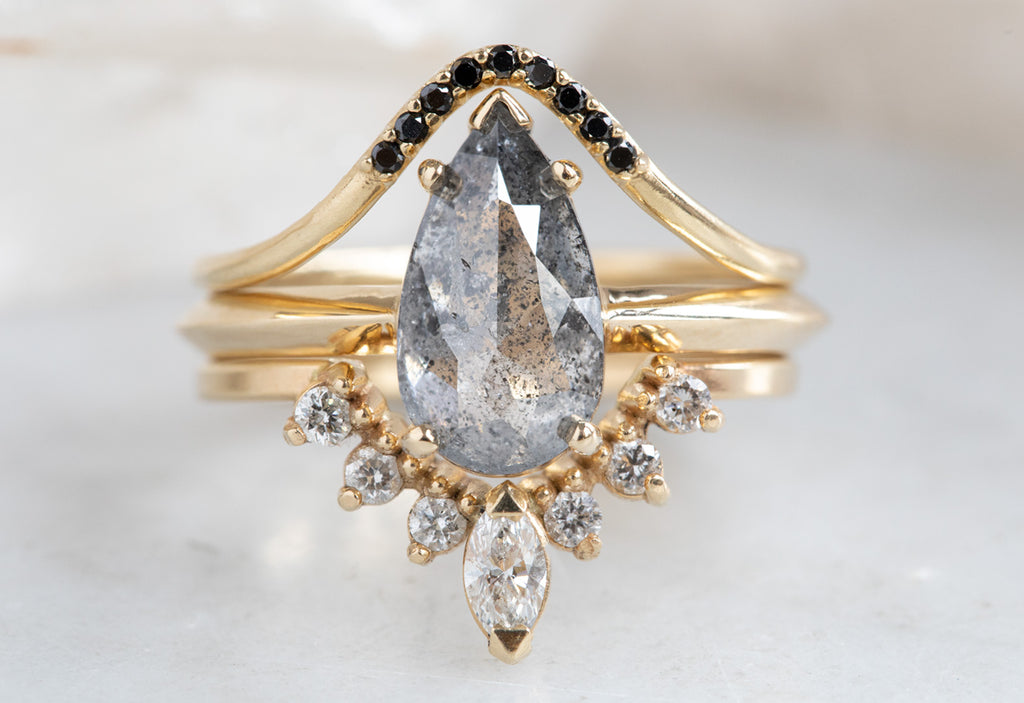 Rose Cut Salt + Pepper Diamond Engagement Rings with Knife Edge Band With Stacking Band