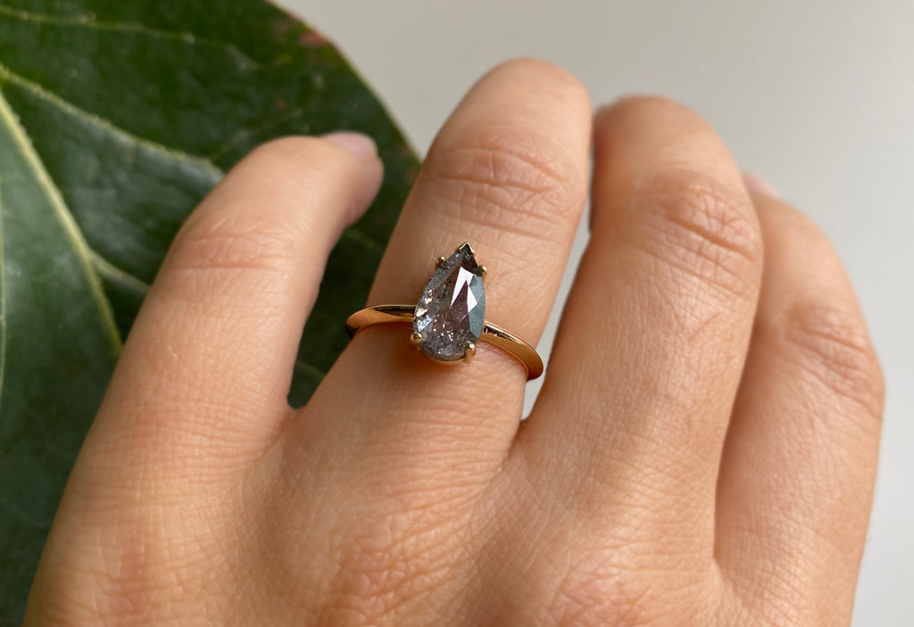 Rose Cut Salt + Pepper Diamond Engagement Rings with Knife Edge Band On Model