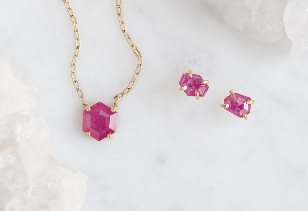Geometric Rose Cut Ruby Necklace and Earrings