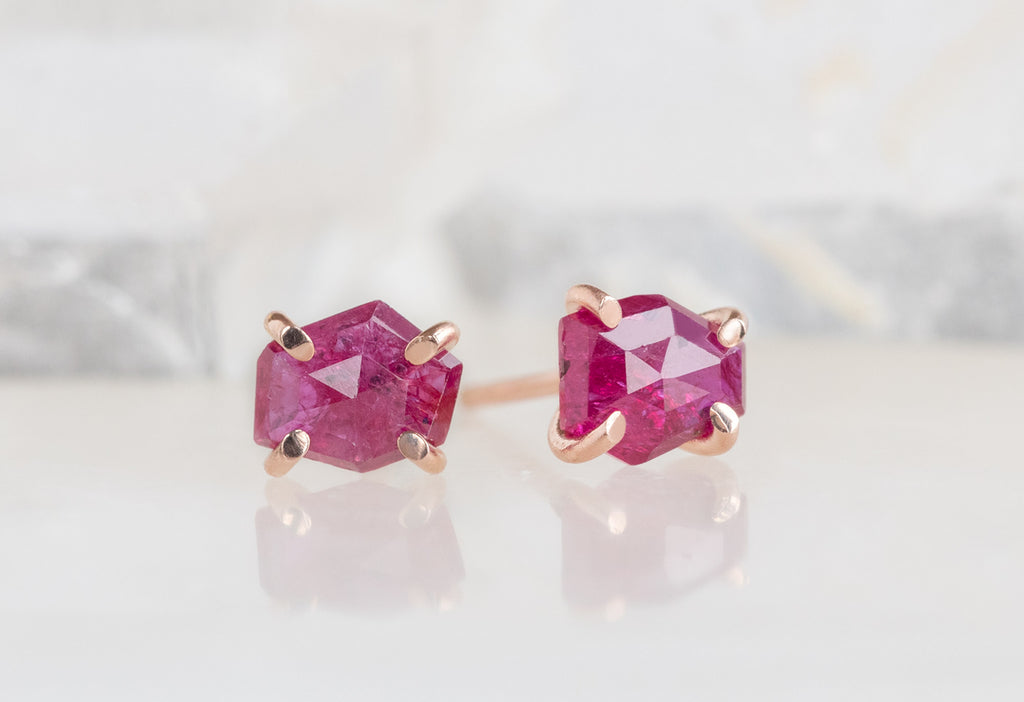Natural Rose Cut Ruby Hexagon Stud Earrings