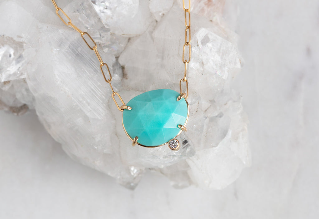 Rose Cut Turquoise Diamond Pendant Necklace on White Crystal