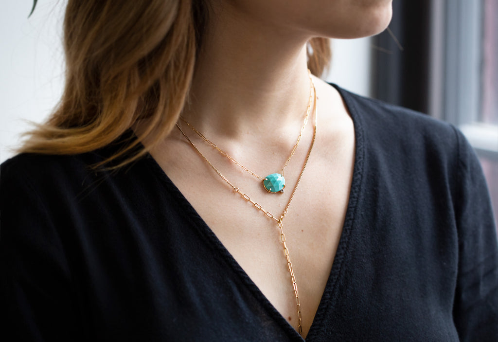 Rose Cut Turquoise Diamond Pendant Necklace Stacked on MOdle