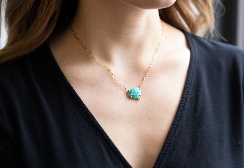 Rose Cut Turquoise Diamond Pendant Necklace on Model