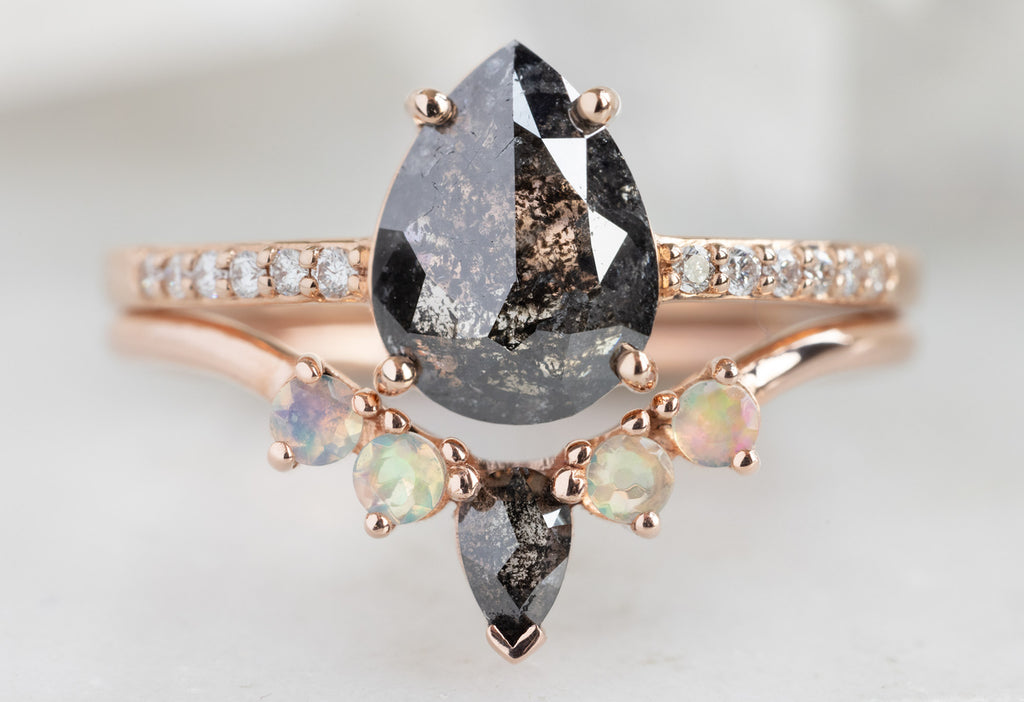Opal and Diamond Sunburst Stacking Band in Rose Gold Stacked with Black Diamond Engagement Ring