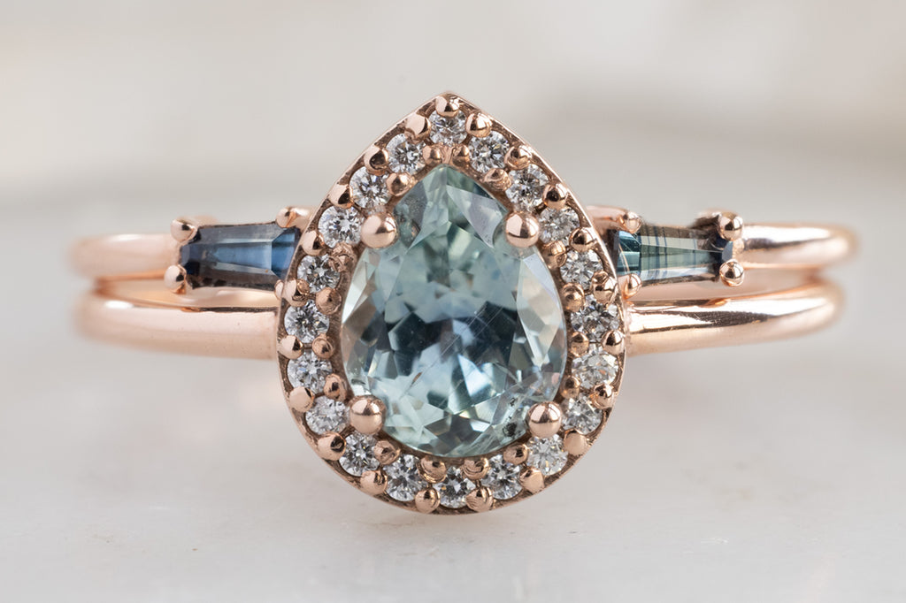 Rose Gold Open Cuff Montana Sapphire Baguette Ring with Engagement Ring