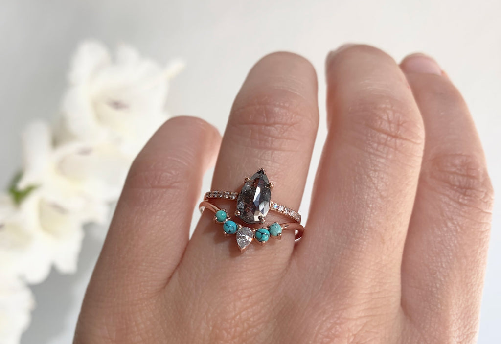Turquoise and White Diamond Sunburst Stacking Ring Stacked with Diamond Engagement Ring on Model