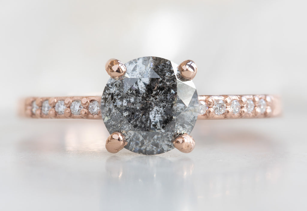 Round Cut Salt + Pepper Diamond Engagement Ring with Pavé Band