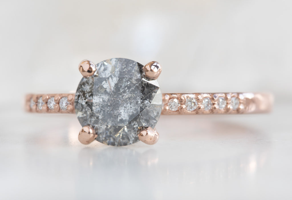 Round Cut Salt + Pepper Diamond Engagement Ring with Pavé Band