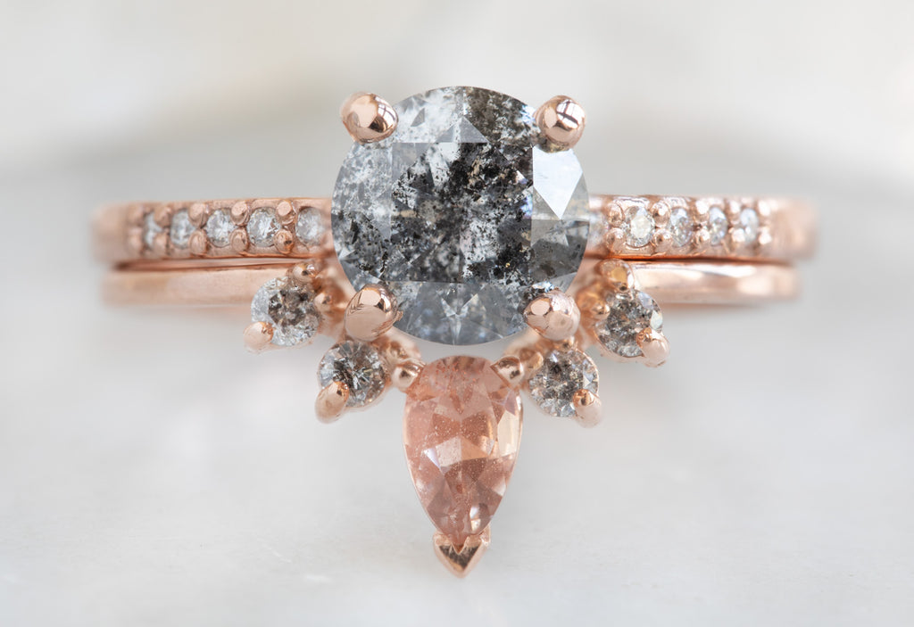 Round Cut Salt + Pepper Diamond Engagement Ring with Pavé Band