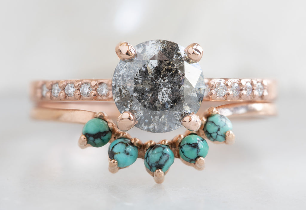 Round Cut Salt + Pepper Diamond Engagement Ring with Pavé Band