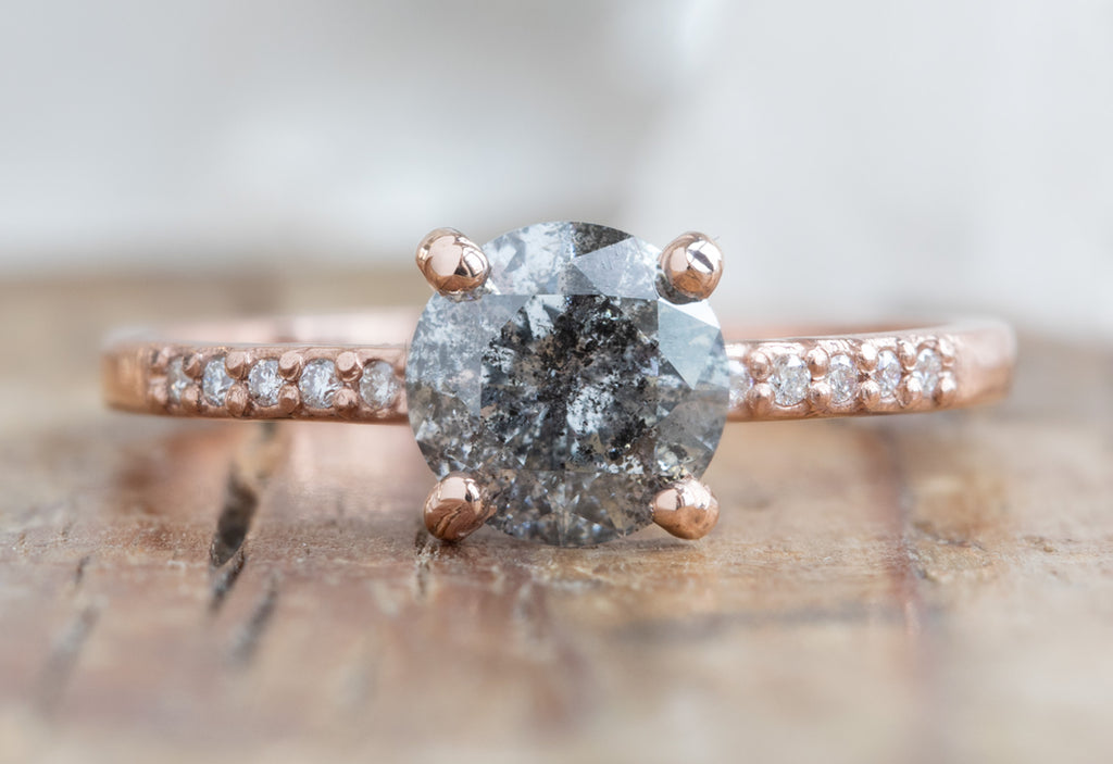 Round Cut Salt + Pepper Diamond Engagement Ring with Pavé Band