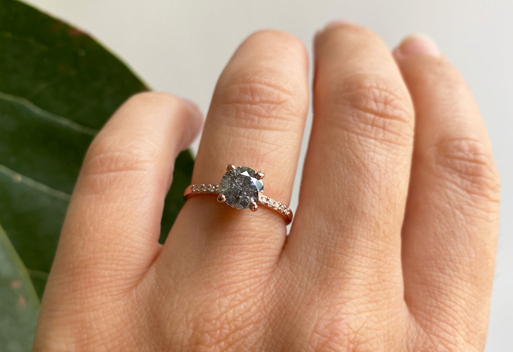 Round Cut Salt + Pepper Diamond Engagement Ring with Pavé Band