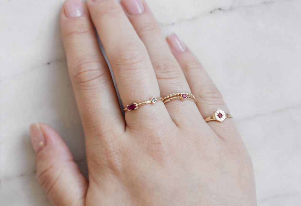 Ruby + Salt and Pepper Diamond Ring Stacked on MOdel