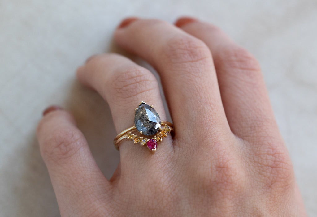 Ruby + Yellow Diamond Sunburst Stacking Ring Stacked with Engagement Ring on Model