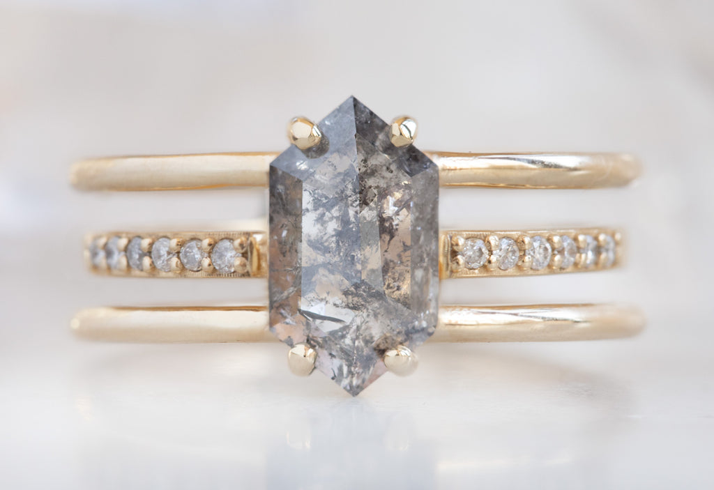 Salt + Pepper Hexagon Diamond Engagement Ring with Double Band