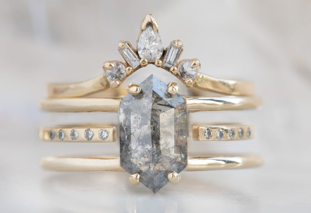 Salt + Pepper Hexagon Diamond Engagement Ring with Double Band