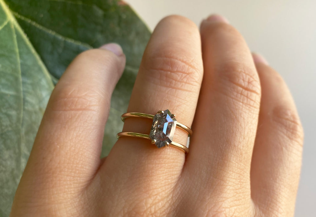 Salt + Pepper Hexagon Diamond Engagement Ring with Double Band