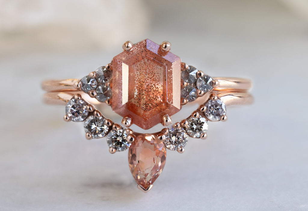Sunstone + Pink Diamond Sunburst Stacking Ring Stacked with Engagement Ring