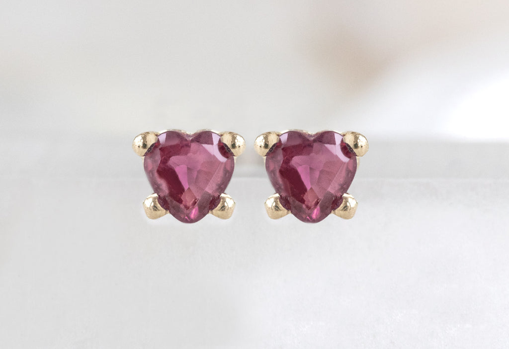 14k Yellow Gold Teensy Ruby Heart Studs