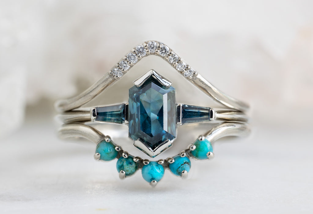 The Ash Ring with a Sapphire Hexagon With Stacking Band