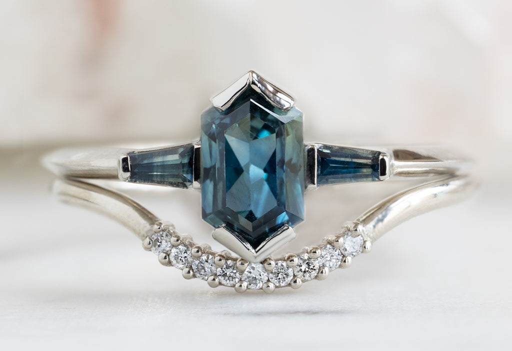 The Ash Ring with a Sapphire Hexagon With Stacking Band