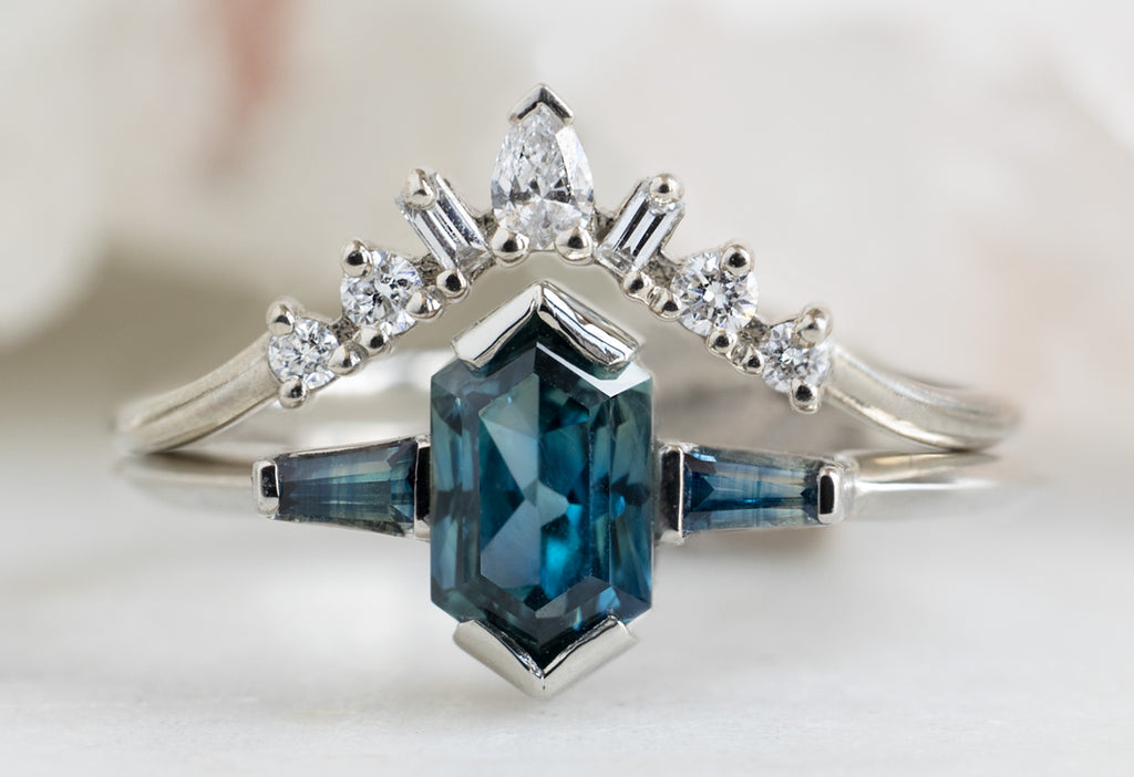 The Ash Ring with a Sapphire Hexagon With Stacking Band