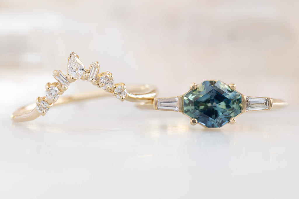 The Ash Ring with a Artisan-Cut Bicolor Sapphire with Stacking Band