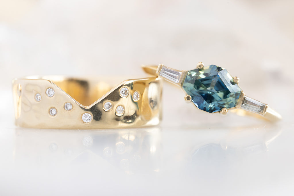 The Ash Ring with a Artisan-Cut Bicolor Sapphire with Stacking Band