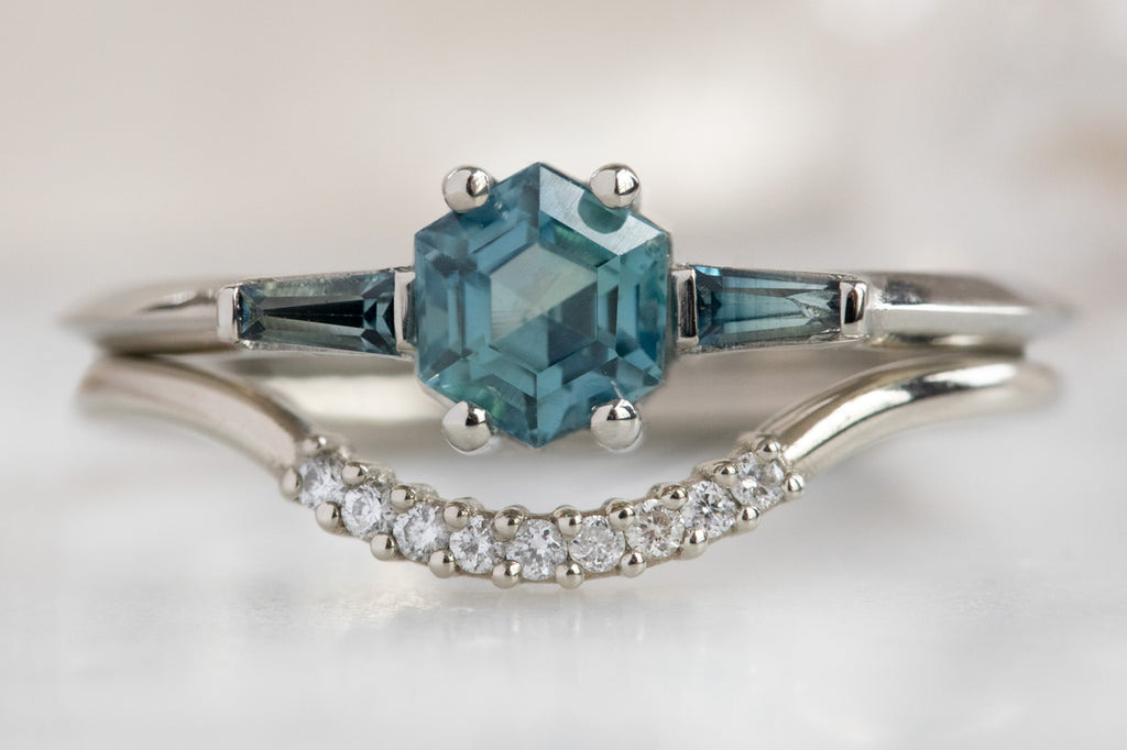 The Ash Ring with a Montana Sapphire Hexagon with Stacking Band
