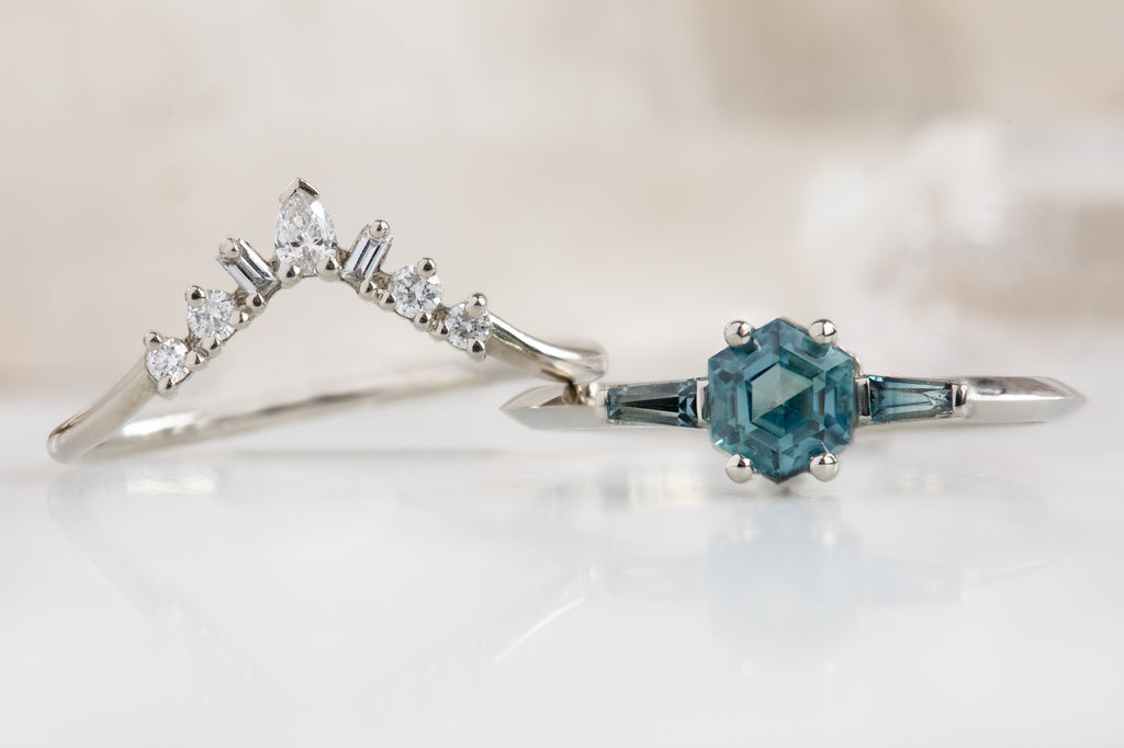 The Ash Ring with a Montana Sapphire Hexagon with Stacking Band