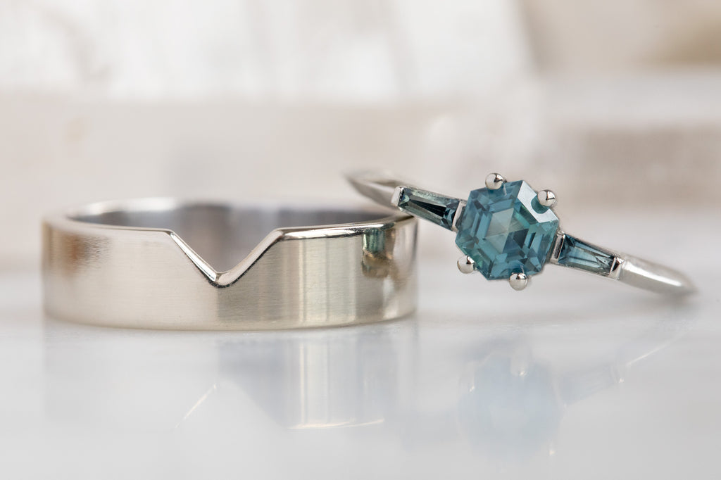 The Ash Ring with a Montana Sapphire Hexagon with Stacking Band