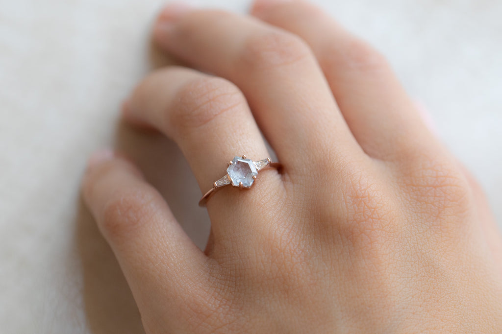 The Ash Ring with a Pastel Montana Sapphire On Model