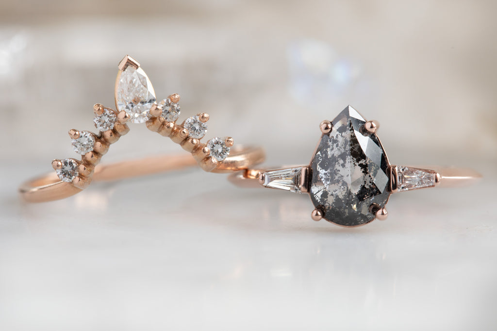 The Ash Ring with a Rose Cut Black Diamond with Stacking Band