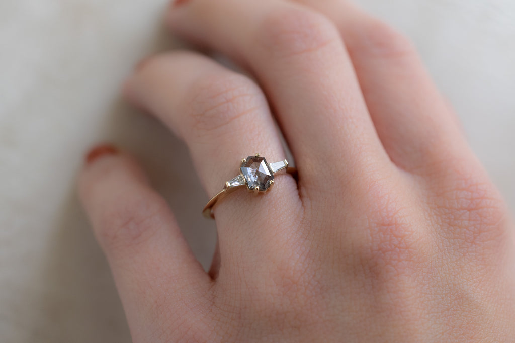 The Ash Ring with a Salt and Pepper Hexagon Diamond on Model