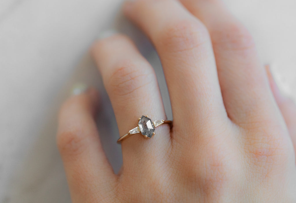 The Ash Ring with a Salt and Pepper Hexagon Diamond on Model
