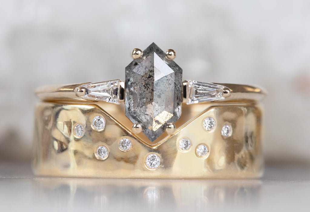 The Ash Ring with a Salt and Pepper Hexagon Diamond with Constellation Cut-Out Band