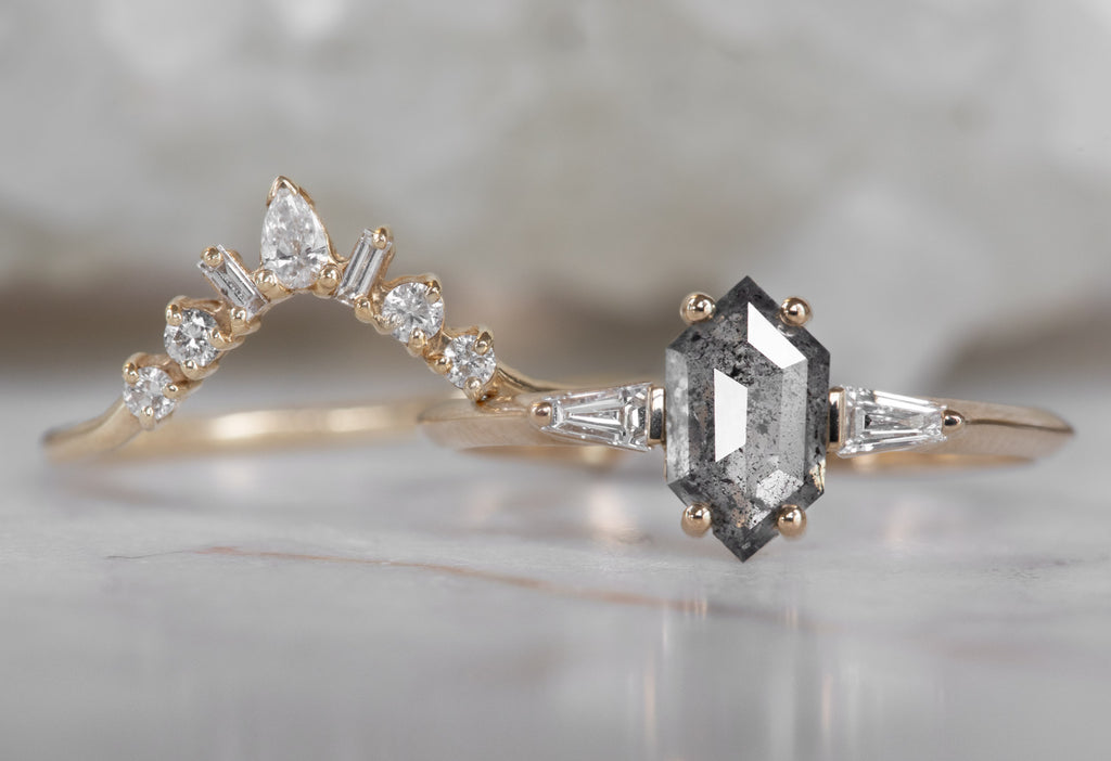 The Ash Ring with a Salt and Pepper Hexagon Diamond with Geometric Stacking Band