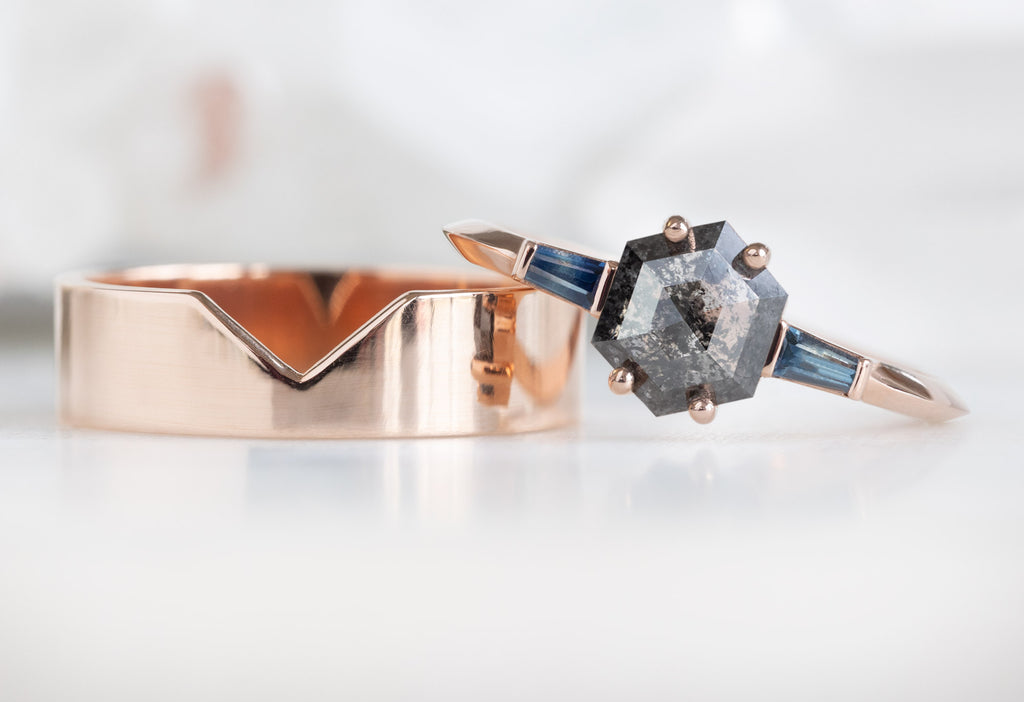 The Ash Ring with a Salt and Pepper Hexagon Diamond with Gold Cut-Out Stacking Band