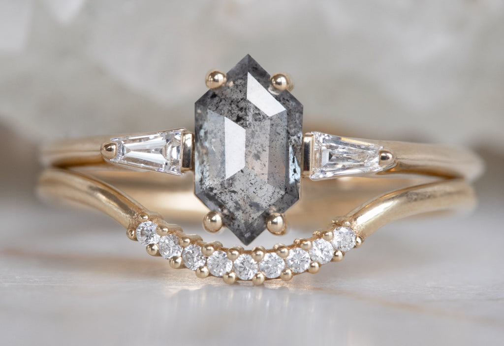 The Ash Ring with a Salt and Pepper Hexagon Diamond with Pavé Diamond Arc Stacking Band
