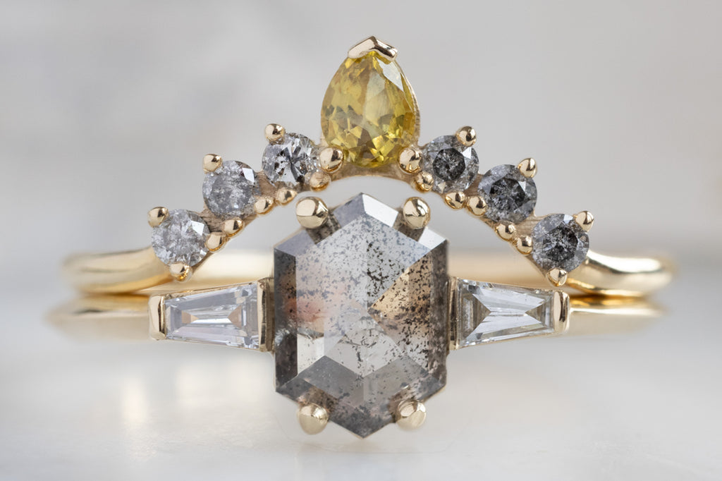 The Ash Ring with a Salt and Pepper Hexagon Diamond with Stacking Band