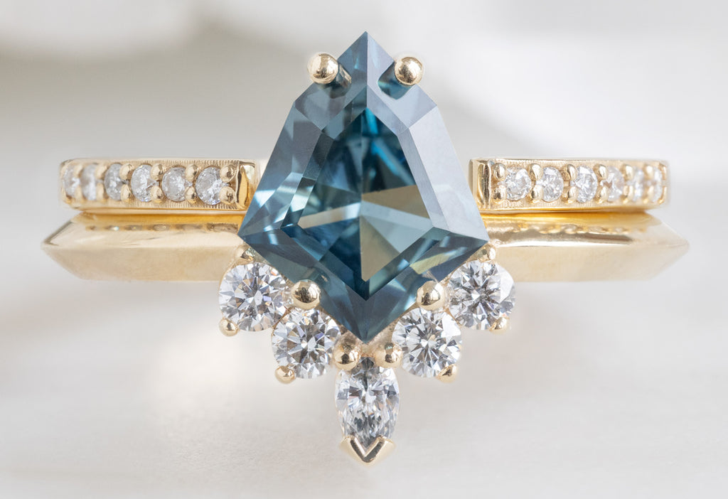 The Aster Ring with a Geometric Sapphire with Open Cuff Pave Stacking Band