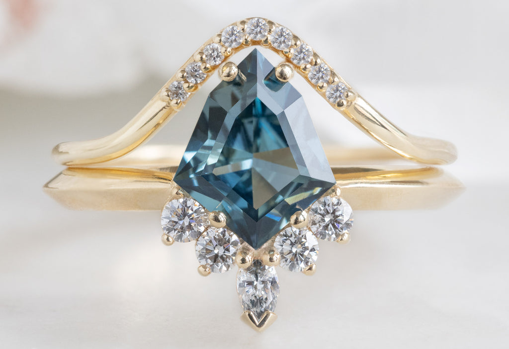 The Aster Ring with a Geometric Sapphire with Pave Peak Stacking Band