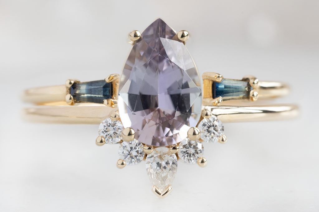 The Aster Ring with a Grey Violet Tanzanite with Open Cuff Sapphire Stacking Band