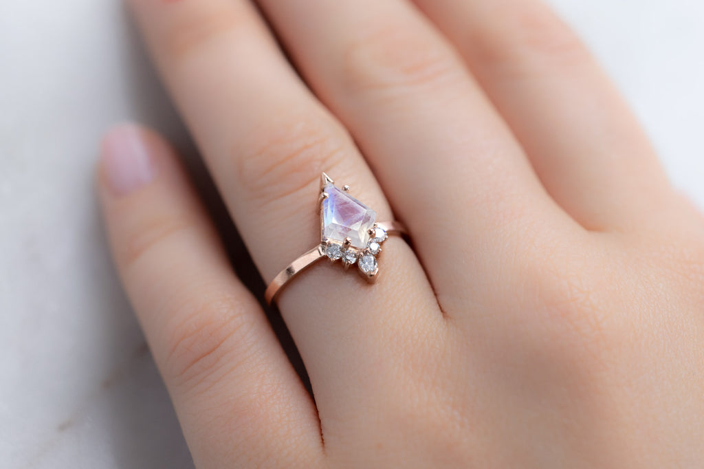 The Aster Ring with a Kite Shaped Moonstone on Model