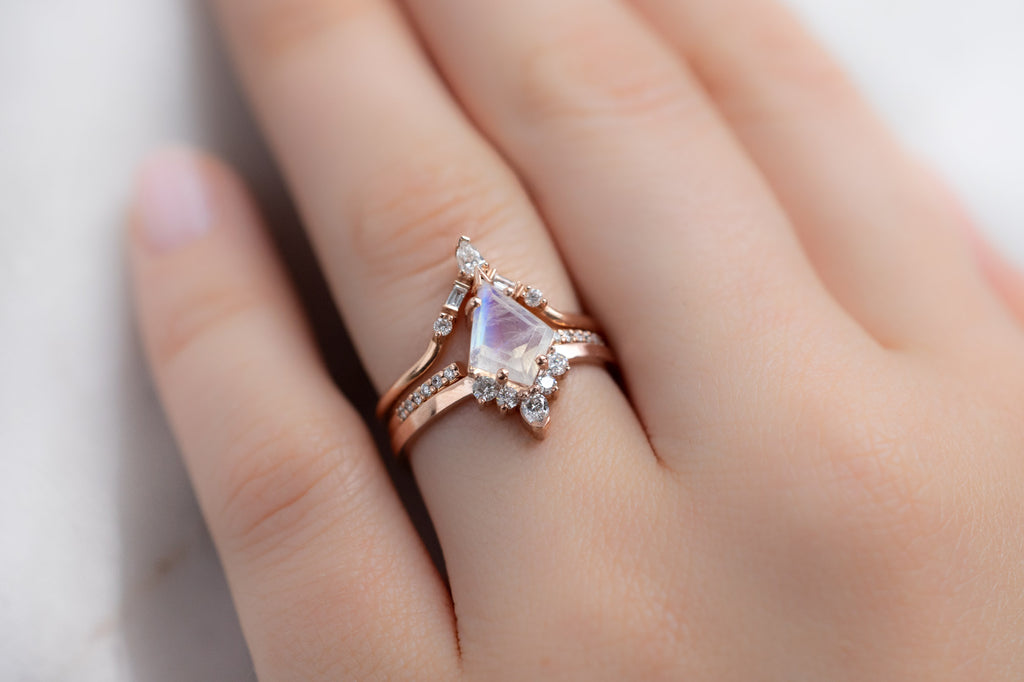 The Aster Ring with a Kite Shaped Moonstone with White Diamond Stacking Bands