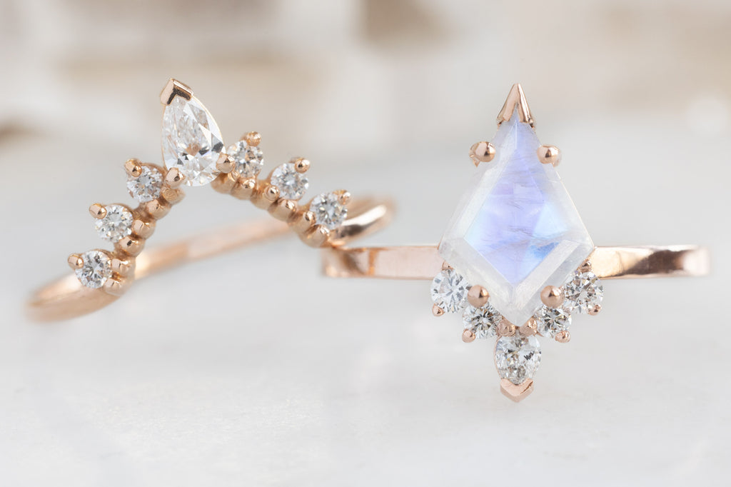 The Aster Ring with a Kite Shaped Moonstone with White Diamond Sunburst Stacking Band