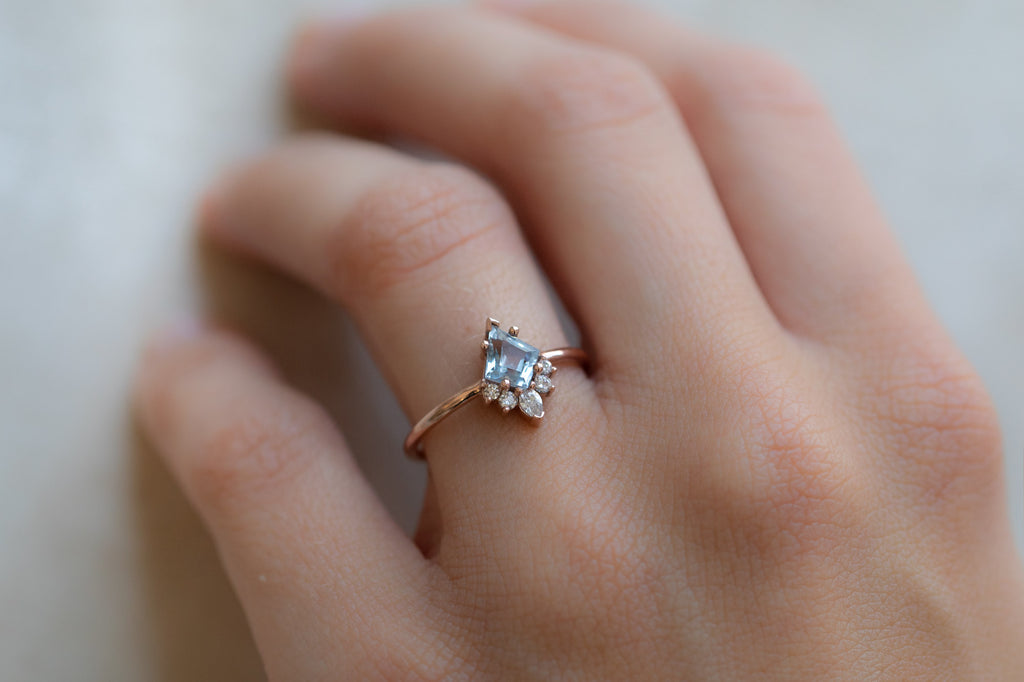 The Aster Ring with a Kite-Shaped Pastel Sapphire on Model