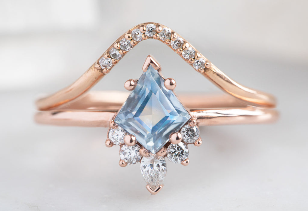 The Aster Ring with a Kite-Shaped Pastel Sapphire with Pavé Arc Stacking Band