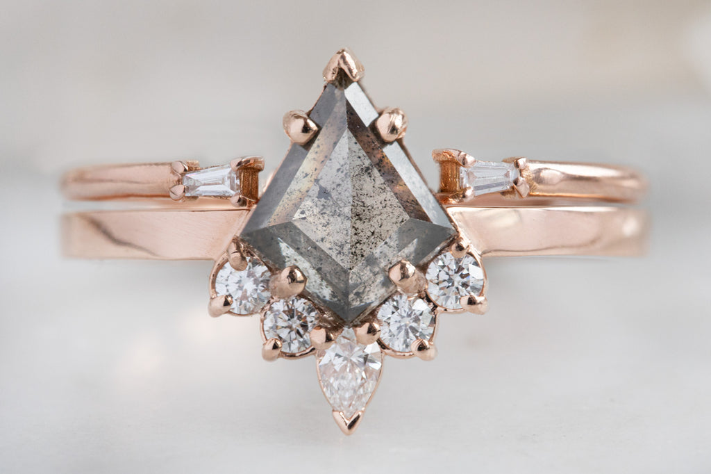The Aster Ring with a Kite Shaped Salt and Pepper Diamond and stacking band